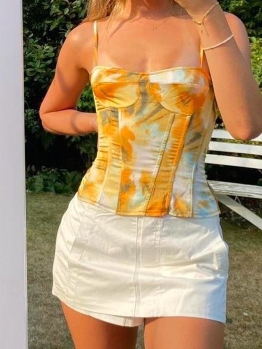 PLT Yellow Tie-Dye Satin Corset Tank Top